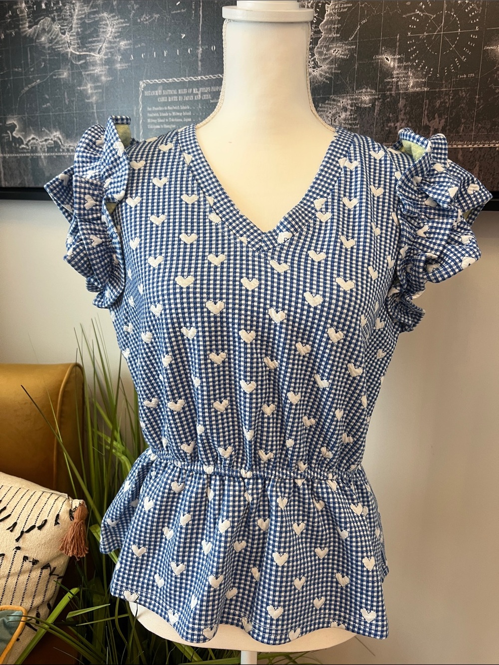 Blue Heart-Print Gingham Ruffle Sleeve Blouse